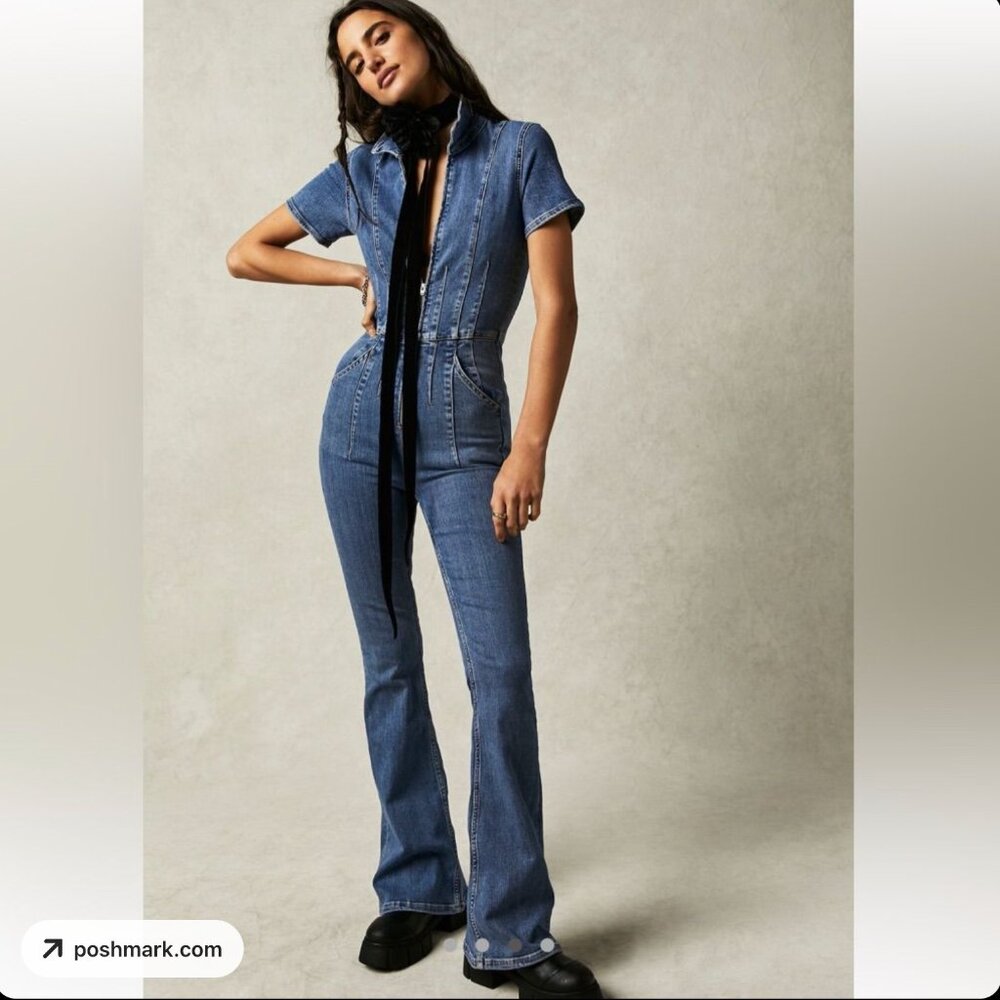 Free People Revolve Jayde Flare Jumpsuit M in Sunburst Blue